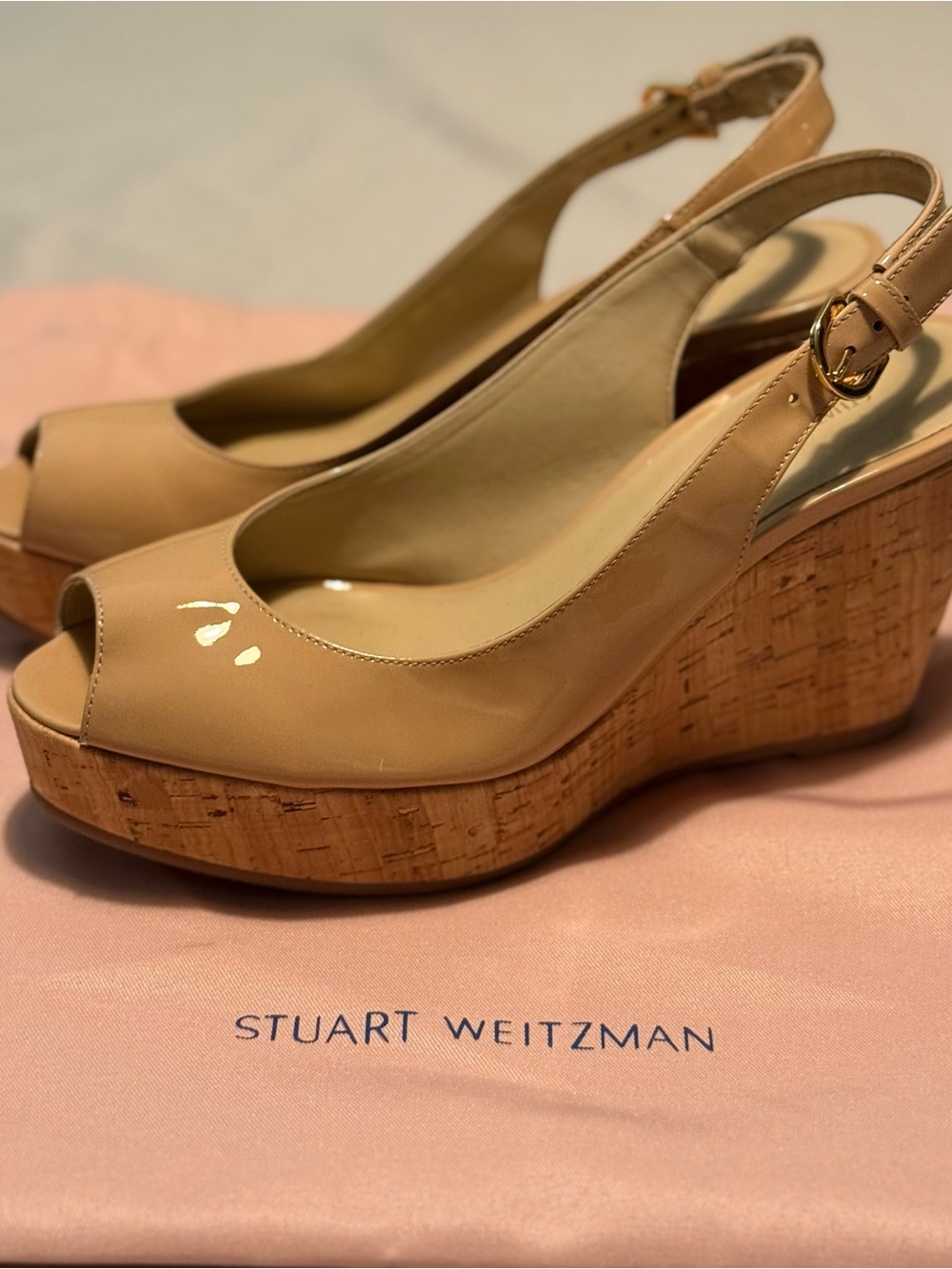 Stuart Weitzman Beige Patent Cork Wedge Slingbacks NIB Size 7.5